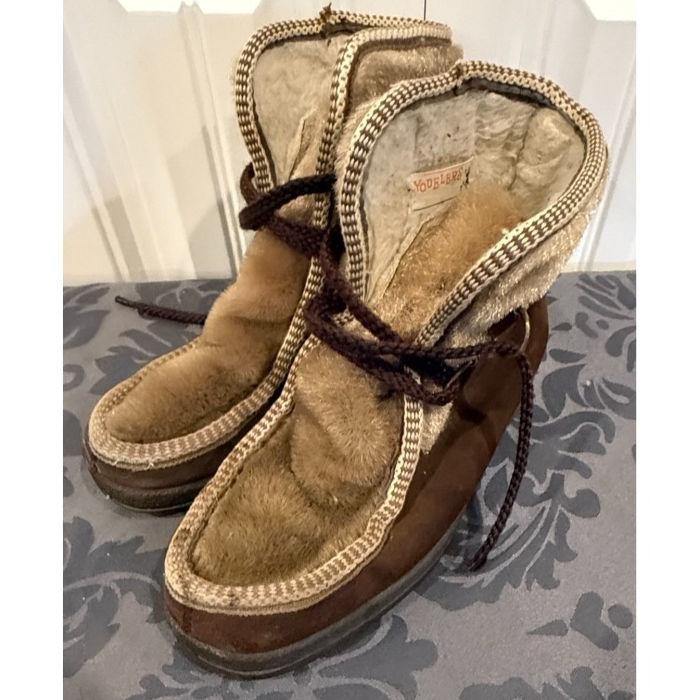 Vintage 1970's Yodelers Brown Leather/Fur Ankle Booties Boots Women's Size 7